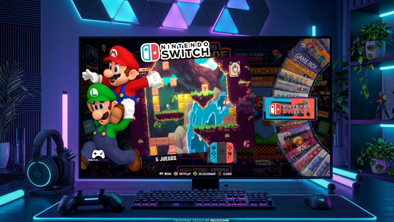 Escena de NexoGame para PC en un escritorio gamer, con navegación visual y mando